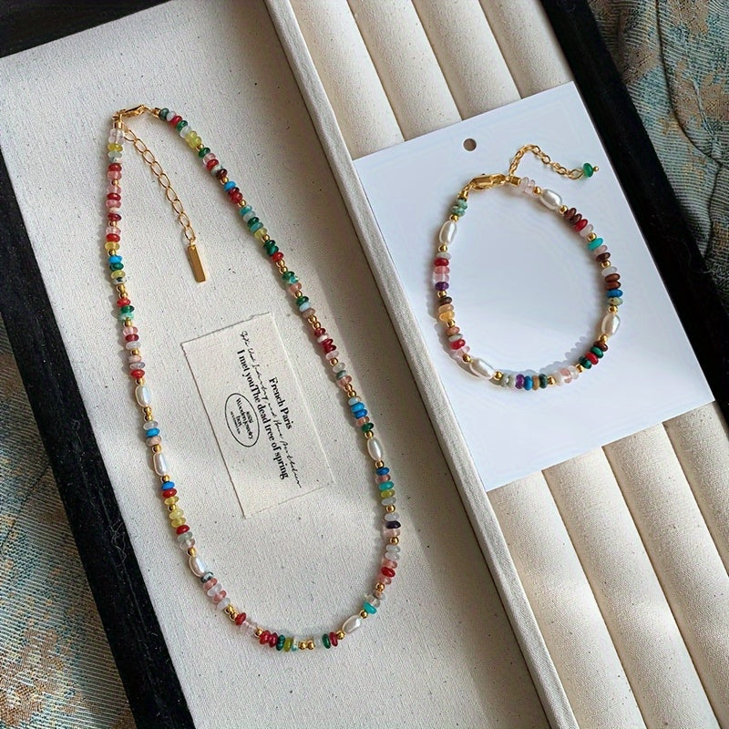 Conjunto Boho-Chic - Perlas de Agua Dulce y Piedras Naturales Coloridas